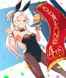 Rule 34 | 1girl, animal ears, anniversary, azur lane, banner, bird, black leotard, black pantyhose, breasts, chick, confetti, copyright name, detached collar, dutch angle, fake animal ears, feet out of frame, green eyes, grin, leotard, long hair, looking at viewer, manjuu (azur lane), one side up, pantyhose, playboy bunny, rabbit ears, rabbit tail, red neckwear, silver hair, sims (azur lane), small breasts, smile, solo, strapless, strapless leotard, tail, wrist cuffs, youhei 64d
