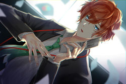 Rule 34 | 1boy, aqua hair, blazer, blue eyes, blurry, blurry background, cellphone, dutch angle, green necktie, hair between eyes, highres, holding, holding phone, hypnosis mic, jacket, kannonzaka doppo, long sleeves, looking at viewer, male focus, multicolored hair, necktie, nekosara 2, papers, phone, red hair, shirt, short hair, solo, streaked hair, striped clothes, striped shirt, talking, vertical-striped clothes, vertical-striped shirt