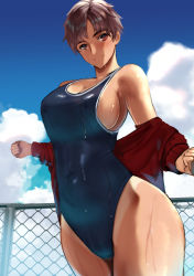 Rule 34 | 1girl, blue sky, breasts, brown eyes, brown hair, cloud, competition swimsuit, eyebrows hidden by hair, fence, jacket, jikihatiman, large breasts, looking at viewer, one-piece swimsuit, original, short hair, sideboob, sky, smile, solo, swimsuit, tomboy, undressing, wet, wet clothes
