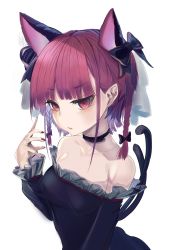 Rule 34 | 1girl, adapted costume, animal ears, bare shoulders, black bow, black collar, black dress, blunt bangs, border, bow, braid, breasts, cat ears, collar, collarbone, commentary request, dress, extra ears, frilled dress, frilled sleeves, frills, hand up, highres, hito komoru, kaenbyou rin, light blush, long sleeves, medium hair, multiple tails, nail polish, nekomata, off-shoulder dress, off shoulder, outside border, parted lips, pillarboxed, red eyes, red hair, red nails, sidelocks, simple background, small breasts, solo, tail, touhou, twin braids, two tails, upper body, white background