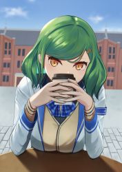 Rule 34 | + +, 1girl, blue bow, bow, breasts, brown eyes, coffee cup, covered mouth, cup, disposable cup, green hair, hair behind ear, hair ornament, hairclip, head tilt, highres, holding, holding cup, kamota (kamotadm), kitakoji hisui, looking at viewer, medium breasts, nijisanji, short hair, solo, virtual youtuber