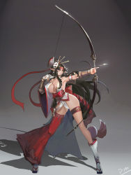 Rule 34 | 1girl, aiming, armpits, arrow (projectile), asymmetrical clothes, bare shoulders, black hair, bow (weapon), breasts, cleavage, detached sleeves, drawing bow, elf, fox mask, full body, gloves, hachimaki, headband, highleg, highleg panties, highres, holding, holding bow (weapon), holding weapon, japanese clothes, kimono, large breasts, long hair, looking away, mask, mask on head, nontraditional miko, obi, original, panties, parted lips, partially fingerless gloves, partly fingerless gloves, pointy ears, ponytail, sash, short kimono, single pantsleg, single sleeve, smjim1986, solo, standing, tabi, thigh strap, underwear, vambraces, very long hair, weapon, white legwear, white panties, wide sleeves, yellow eyes, yugake