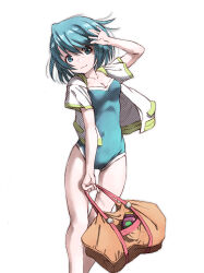 Rule 34 | 1girl, arm up, bag, blue eyes, blue hair, blue one-piece swimsuit, breasts, collarbone, commentary, covered navel, highres, holding, holding bag, looking at viewer, mahou shoujo madoka magica, mahou shoujo madoka magica (anime), marutaya, miki sayaka, one-piece swimsuit, open clothes, open shirt, orange bag, shirt, short hair, simple background, solo, standing, swimsuit, white background, white shirt