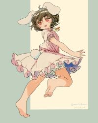 Rule 34 | 1girl, :3, animal ears, aqua background, bare legs, barefoot, black hair, blush, canariadraw, carrot necklace, commentary, drawing, dress, frilled dress, frills, full body, highres, inaba tewi, jewelry, jumping, looking down, necklace, open mouth, pink dress, puffy short sleeves, puffy sleeves, rabbit ears, rabbit girl, rabbit tail, red eyes, short dress, short hair, short sleeves, simple background, smile, solo, tail, touhou, two-tone background, white background