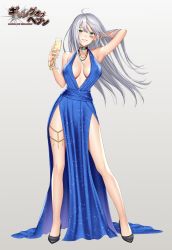 Rule 34 | 1girl, arm behind head, arm up, armpits, bare shoulders, blue dress, bracelet, breasts, collar, collarbone, commentary request, cup, dress, drinking glass, earrings, facial mark, fingernails, full body, gang of heaven, green eyes, grey background, high heels, highres, holding, jewelry, large breasts, lips, logo, long hair, looking at viewer, necklace, no bra, official art, parted bangs, parted lips, pelvic curtain, re:shimashima, ring, silver hair, simple background, sleeveless, smile, solo, standing, thigh strap