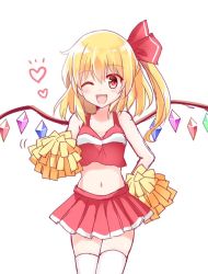 Rule 34 | 1girl, alternate costume, bad id, bad twitter id, blonde hair, bow, cheerleader, cowboy shot, female focus, flandre scarlet, hair bow, heart, looking at viewer, midriff, motion lines, navel, one eye closed, open mouth, pleated skirt, pom pom (cheerleading), red eyes, short hair, side ponytail, simple background, sketch, skirt, smile, solo, thighhighs, touhou, white background, wings, yada (xxxadaman)