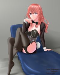 Rule 34 | 1girl, absurdres, breasts, cosplay, costume, full body, hand on own face, highres, inui shinju, large breasts, lingerie, looking at viewer, mr piedra, nipples, nude, pink eyes, pink hair, shiny clothes, sitting, smile, sono bisque doll wa koi wo suru, underwear