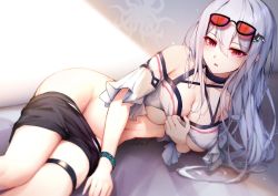 Rule 34 | 1girl, arknights, bare shoulders, black choker, black shorts, breasts, choker, cleavage, clothes pull, commentary request, eyewear on head, groin, hair between eyes, highres, large breasts, leria v, long hair, looking at viewer, lying, navel, off-shoulder shirt, off shoulder, official alternate costume, on side, pink eyes, red eyes, shirt, short shorts, short sleeves, shorts, shorts pull, skadi (arknights), skadi (waverider) (arknights), solo, stomach, sunglasses, thigh strap, thighs, white hair, white shirt