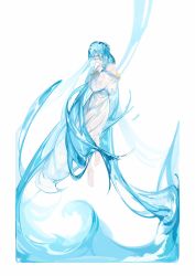 Rule 34 | 1girl, absurdly long hair, bare shoulders, barefoot, blue eyes, blue hair, blue theme, copyright request, dress, floating, hands up, highres, liquid hair, long hair, long sleeves, looking at viewer, meru02295238, off-shoulder dress, off shoulder, profile, see-through, solo, very long hair, wet, wet clothes, wet dress, white background