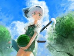 Rule 34 | 1girl, aqua eyes, black hairband, black ribbon, blue sky, blush, cloud, commentary request, cowboy shot, day, flower, food, fruit, green skirt, green vest, hair between eyes, hair ribbon, hairband, highres, holding, holding food, holding fruit, katana, konpaku youmu, looking to the side, miniskirt, neck ribbon, outdoors, parted lips, pink flower, ribbon, rin (rin7kan7), scabbard, sheath, sheathed, shirt, short hair, short sleeves, silver hair, skirt, sky, solo, standing, sweat, sword, thighs, touhou, tree, vest, watermelon, weapon, weapon on back, white shirt