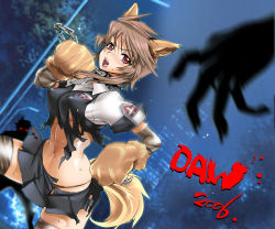 Rule 34 | 1girl, animal ears, battle, black panties, black thighhighs, breasts, cat, cat ears, cat tail, covered erect nipples, fighting, fox ears, large breasts, long hair, miniskirt, panties, satou shouji, skirt, solo, tail, thighhighs, torn clothes, underwear, zettai ryouiki