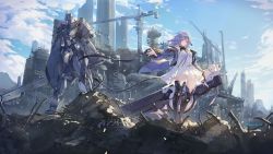 Rule 34 | 1girl, blue sky, boots, breasts, cityscape, cloud, criin (659503), day, dress, floating hair, flower, full body, hair flower, hair ornament, high heels, highres, holding, iron saga, jacket, long hair, long sleeves, looking at viewer, mecha, official art, open clothes, outdoors, outstretched arm, purple eyes, robot, ruins, short dress, sidelocks, signature, sky, solo, standing, teresa (iron saga), thighhighs, weapon, white dress, wide shot, wind, wind lift