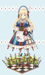 Rule 34 | 1girl, alice (alice in wonderland), alice in wonderland, animal ears, blonde hair, blood, blood on clothes, blood on face, blue eyes, blush, bonnet, boots, ekita kuro, fake animal ears, flower, gloves, heart, high heel boots, high heels, highres, long hair, looking at viewer, open mouth, puffy short sleeves, puffy sleeves, rabbit ears, red flower, red rose, rose, short sleeves, solo, white gloves
