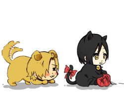 Rule 34 | :3, ada wong, animalization, black hair, blonde hair, cat, cat tail, chibi, dog, dog tail, leon s. kennedy, resident evil, smile, tail, tail wagging, yarn