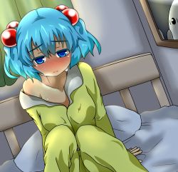 Rule 34 | 1girl, alternate costume, bad id, bad pixiv id, blue eyes, blue hair, blush, breasts, collarbone, curtains, dutch angle, eyebrows, full-face blush, hair bobbles, hair ornament, hato no suisou, highres, kawashiro nitori, knees up, looking at viewer, matching hair/eyes, off shoulder, on bed, pajamas, parted lips, picture frame, pillow, short hair, sick, sitting, solo, sweat, touhou, twintails, two side up