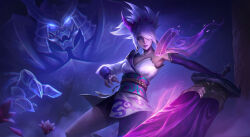 Rule 34 | 1girl, absurdres, armor, asymmetrical bangs, black gloves, blue eyes, breasts, cleavage, commentary, earrings, elbow gloves, english commentary, flower, gloves, glowing, glowing eyes, high ponytail, highres, holding, holding sword, holding weapon, horns, jewelry, large breasts, league of legends, lipstick, looking at viewer, lotus, makeup, official alternate costume, open mouth, ponytail, purple lips, riven (league of legends), shoulder armor, single horn, single sleeve, solo, spirit blossom riven, standing, sword, teeth, weapon, white hair, yc jun