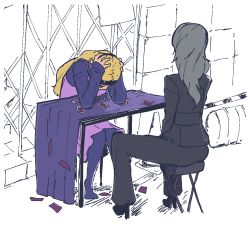 Rule 34 | 2girls, blonde hair, business suit, dress, elbows on table, formal, grey hair, hands on own head, head down, headband, high heels, long dress, long hair, mifune chihaya, monochrome background, multiple girls, niijima sae, persona, persona 5, plow (witch parfait), purple dress, sitting, suit, table, tablecloth, tarot