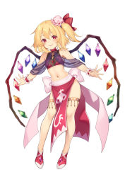 Rule 34 | 1girl, alternate costume, bare legs, bare shoulders, blush, bow, commentary request, crystal, flandre scarlet, full body, hair bow, hair ribbon, hat, highres, looking at viewer, midriff, mini hat, mob cap, navel, pokachu, red eyes, ribbon, side ponytail, simple background, smile, solo, standing, touhou, white background, wings, wrist cuffs