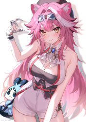 Rule 34 | 1girl, animal ears, bare shoulders, beyo, blush, breasts, brown eyes, cleavage, closed mouth, cowboy shot, fake claws, goggles, goggles on head, hat, highres, hololive, hololive english, large breasts, leaning to the side, looking at viewer, panther girl, pink hair, raora panthera, shorts, sleeveless, smile, solo, virtual youtuber, white hair