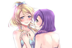 Rule 34 | 2girls, ayase eli, bare arms, bare shoulders, blonde hair, blue eyes, blush, bow, breasts, green eyes, hair bow, hair ornament, hair over shoulder, holding hands, high ponytail, interlocked fingers, kirishima ria, long hair, looking at another, love live!, love live! school idol project, multiple girls, ponytail, purple hair, simple background, smile, tojo nozomi, white background, yuri
