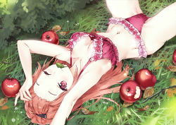 Rule 34 | 1girl, ;), apple, armpits, arms up, bare arms, bare shoulders, bow, bow bra, bra, breasts, brown hair, closed mouth, collarbone, commentary request, day, food, fruit, grass, leaf, long hair, looking at viewer, lying, macciatto (aciel02), mouth hold, navel, on back, on grass, one eye closed, original, outdoors, panties, red apple, red bra, red eyes, red panties, small breasts, smile, solo, spread legs, underwear, underwear only, very long hair