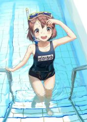 Rule 34 | 1girl, barefoot, blush, brown eyes, brown hair, collarbone, dripping, flat chest, from above, goggles, goggles on head, kakuchoshi, kantai collection, name tag, one-piece swimsuit, open mouth, pool, ripples, school swimsuit, short hair, snorkel, solo, stairs, standing, swimsuit, teeth, upper teeth only, wading, water, wet, yukikaze (kancolle)