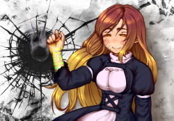 Rule 34 | 1girl, anger vein, black dress, blonde hair, blush, breasts, brown eyes, brown hair, closed mouth, commentary request, crack, cracked wall, crater, cross-laced clothes, dress, false smile, fmn (artist), gradient hair, half-closed eyes, hijiri byakuren, large breasts, layered dress, long hair, looking at viewer, medium bangs, multicolored hair, smile, smoke, smoking fist, solo, sorcerer&#039;s sutra scroll, torn clothes, torn sleeves, touhou, turtleneck, turtleneck dress, two-tone hair, underbust, upper body, veiny face, wavy hair, white dress