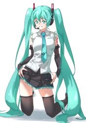 Rule 34 | 1girl, absurdres, aqua eyes, aqua hair, aqua necktie, bare shoulders, black footwear, black skirt, black sleeves, black thighhighs, boots, breasts, commentary, commentary request, detached sleeves, frilled skirt, frills, full body, hair between eyes, hands on own hips, hatsune miku, hatsune miku (vocaloid4), headset, highres, kneeling, long hair, long sleeves, looking at viewer, medium breasts, miniskirt, necktie, parted lips, shoulder tattoo, simple background, skirt, smile, solo, tanabe (fueisei), tattoo, thigh boots, thighhighs, v4x, very long hair, vest, vocaloid, white background, white vest, zettai ryouiki