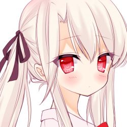 Rule 34 | 1girl, bad id, bad pixiv id, black ribbon, blonde hair, blush, close-up, closed mouth, commentary request, fate/kaleid liner prisma illya, fate (series), from side, hair between eyes, hair ribbon, highres, illyasviel von einzbern, long hair, looking at viewer, mimelond, platinum blonde hair, red eyes, ribbon, sidelocks, simple background, solo, twintails, upper body, white background, white hair