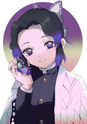 Rule 34 | 1girl, animal, animal on hand, bad id, bad pixiv id, black hair, black jacket, bug, butterfly, butterfly hair ornament, commentary request, forehead, gradient hair, hair ornament, highres, insect, jacket, kayanogura, kimetsu no yaiba, kochou shinobu, long sleeves, multicolored hair, open clothes, parted bangs, parted lips, purple eyes, purple hair, smile, solo, upper body, white background, wide sleeves