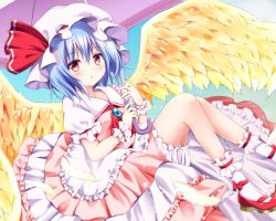 Rule 34 | 1girl, alternate wings, ascot, bad id, bad twitter id, bloomers, blue hair, blush, bobby socks, bow, brooch, dress, embellished costume, feathered wings, feathers, frilled dress, frills, golden wings, hat, hat ribbon, holding, holding umbrella, hyurasan, jewelry, looking at viewer, mary janes, mob cap, parted lips, pink dress, puffy short sleeves, puffy sleeves, red bow, red eyes, red footwear, red ribbon, remilia scarlet, ribbon, shoes, short hair, short sleeves, socks, solo, touhou, umbrella, underwear, white socks, wings, wrist cuffs