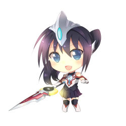Rule 34 | 1girl, :d, absurdres, bare shoulders, black hair, black hairband, black skirt, black thighhighs, blue eyes, boots, chibi, clenched hand, commentary, fang, full body, genderswap, genderswap (mtf), gloves, glowing, glowing sword, glowing weapon, grey footwear, hair between eyes, hairband, hand up, headgear, highres, holding, holding sword, holding weapon, knee boots, long hair, looking at viewer, open mouth, orbcalibur, personification, pleated skirt, ponytail, simple background, skirt, smile, solo, standing, sword, taro (ultrataro), thighhighs, ultra series, ultraman orb (character), ultraman orb (series), weapon, white background, white gloves, zettai ryouiki