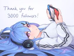 Rule 34 | 1girl, alternate costume, azur lane, blue hair, blush, breasts, from side, hair between eyes, hair ornament, hairclip, handheld game console, hands up, headphones, helena (azur lane), holding, holding handheld game console, hood, hood down, hoodie, kyl490, long hair, long sleeves, looking at viewer, looking to the side, lying, medium breasts, multicolored hair, nintendo switch, on back, open mouth, playing games, purple eyes, purple hair, solo, two-tone hair, upper body, very long hair, white hoodie