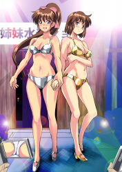 Rule 34 | 2girls, amatsu ai, amatsu mai, bikini, blush, bow, breasts, brown hair, camera, catwalk (modeling), cleavage, embarrassed, gold bikini, hair bow, high heels, holding hands, kou (rall2), legs, long hair, looking at viewer, male hand, midriff, multiple girls, navel, open mouth, ponytail, purple eyes, shoes, short hair, siblings, silver bikini, sisters, standing, stripper, sweat, swimsuit, thighs, tongue, twin angels, twins, viewfinder