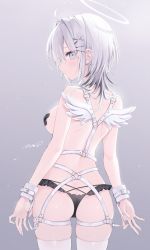 Rule 34 | 1girl, absurdres, ahoge, angel wings, ass, back, bare shoulders, bdsm, belt, black panties, blue eyes, breasts, butt crack, covered erect nipples, cuffs, ear piercing, frilled panties, frills, grey hair, hair ornament, hair ribbon, hairclip, halo, highres, looking back, mashiro shiki, medium hair, multicolored hair, no bra, o-ring, original, panties, piercing, profile, ribbon, sideboob, signature, simple background, solo, streaked hair, thigh strap, thighhighs, two-tone hair, underwear, white hair, wings