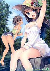 Rule 34 | 2girls, :d, absurdres, arm up, armpits, ass, bare legs, barefoot, bent over, black hair, blue eyes, breasts, brown hair, choker, cleavage, day, denim, denim shorts, dress, female focus, hair ornament, hat, highres, multiple girls, open mouth, parsley-f, purple eyes, see-through silhouette, shiny skin, short dress, short hair, short shorts, shorts, sitting, small breasts, smile, soaking feet, strap slip, straw hat, sun hat, sundress, tan, tank top, tanline, twintails, wading, water, wet, white dress