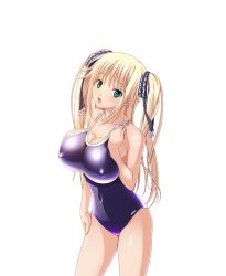 Rule 34 | 1girl, artist request, bare shoulders, blonde hair, blush, breasts, competition school swimsuit, covered erect nipples, covered navel, cowboy shot, green eyes, huge breasts, kyonyuu majo, large breasts, long hair, looking at viewer, one-piece swimsuit, open mouth, purple one-piece swimsuit, school swimsuit, solo, standing, swimsuit, tenma cecile, transparent background, two side up
