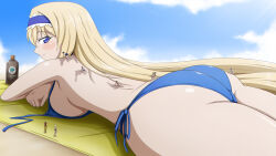 Rule 34 | 1girl, absurdres, ass, beach, bikini, blonde hair, blue bikini, bow, breasts, cecilia alcott, giant, giantess, hair bow, half-closed eyes, highres, infinite stratos, large breasts, legs, long hair, looking back, lotion, lying, on stomach, seductive smile, sideboob, smile, sunbathing, sunscreen, swimsuit, the pose, thick thighs, thighs, topless, towel, untied bikini