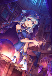 Rule 34 | 1girl, :d, ^^^, absurdres, bad id, bad pixiv id, bare shoulders, blue eyes, bookshelf, bottle, bright pupils, claw ring, cowboy shot, crystal ball, detached sleeves, dot nose, fang, grey hair, highres, holding, indoors, jewelry, looking at viewer, navel, open mouth, original, pelvic curtain, pink pupils, puffy detached sleeves, puffy short sleeves, puffy sleeves, ring, shichigatsu, short hair, short sleeves, skull, smile, solo, standing, thighhighs, veil, vial, white thighhighs