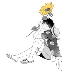 Rule 34 | 1boy, absurdres, closed eyes, facial scar, flip-flops, floral print, flower, greyscale, hat, hat on back, highres, holding, holding flower, kio6565, male focus, monkey d. luffy, monochrome, one piece, open clothes, print shirt, sandals, sash, scar, scar on cheek, scar on chest, scar on face, shirt, short hair, shorts, sitting, smile, solo, spot color, straw hat, sunflower, sunflower print