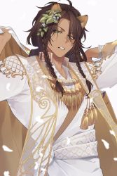 Rule 34 | 1boy, ahoge, animal ears, arms up, braid, brown hair, cape, dark-skinned male, dark skin, green eyes, hair ornament, highres, holding, holding cape, holding clothes, leona kingscholar, lion boy, lion ears, long hair, long sleeves, looking at viewer, male focus, sash, see-through shawl, shawl, simple background, solo, standing, tassel, taufu (gnb0102), twisted wonderland, two-sided cape, two-sided fabric, unbuttoned, upper body, white background, white cape, white sash, yellow cape