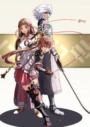 Rule 34 | absurdres, black footwear, boots, brown hair, fan la norne, full body, highres, holding, holding staff, holding sword, holding weapon, jin (xenoblade), long hair, lora (xenoblade), medium hair, miniskirt, pleated skirt, red hair, red skirt, rope, short hair, skirt, staff, standing, sukkirito (rangusan), sword, thigh boots, thighhighs, weapon, white background, white footwear, white hair, xenoblade chronicles (series), xenoblade chronicles 2, xenoblade chronicles 2: torna - the golden country, yellow eyes