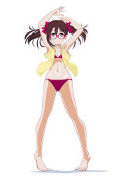 Rule 34 | 10s, 1girl, alternate hair color, armpits, arms up, barefoot, bespectacled, bikini, bow, brown hair, expressionless, flat chest, full body, glasses, hair bow, highres, long hair, looking at viewer, love live!, love live! school idol project, marutaya, navel, open clothes, red bikini, red eyes, shadow, simple background, solo, standing, swimsuit, twintails, white background, yazawa nico