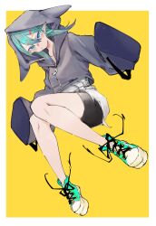 Rule 34 | 1girl, aqua hair, blue eyes, blue hair, closed mouth, cropped jacket, full body, hair ornament, hairclip, highres, hood, hood up, hooded jacket, jacket, long sleeves, looking at viewer, multicolored hair, original, pointy ears, shoes, shorts, simple background, sleeves past fingers, sleeves past wrists, sneakers, solo, spmkwy, two-tone background, wide sleeves, zipper pull tab