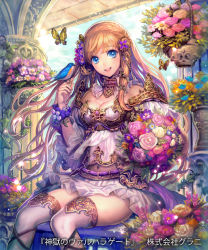 Rule 34 | 1girl, asatani tomoyo, bad id, bad pixiv id, bare shoulders, bird, blonde hair, blue eyes, blush, bouquet, breasts, bug, butterfly, character request, cleavage, copyright name, flower, hair flower, hair ornament, holding, holding bouquet, insect, kneehighs, long hair, looking at viewer, medium breasts, navel, official art, open mouth, shingoku no valhalla gate, sitting, smile, socks, solo, very long hair, white socks
