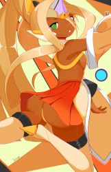 Rule 34 | 1girl, alternate color, arc system works, ass, bare shoulders, blazblue, blonde hair, breasts, dark-skinned female, dark skin, detached sleeves, female focus, from behind, green eyes, hades izanami, headgear, highres, jellcaps, kicking, long hair, looking at viewer, open mouth, orange skirt, ponytail, sideboob, skirt, small breasts, solo, thighhighs, thong, very long hair
