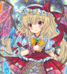 Rule 34 | 1girl, :o, blonde hair, bow, bowtie, collared shirt, cowboy shot, crystal, dark background, flandre scarlet, frilled shirt, frilled shirt collar, frills, green brooch, hair between eyes, hand on own chest, hat, hat ribbon, head tilt, long hair, looking at viewer, marker (medium), mob cap, open mouth, print headwear, puffy short sleeves, puffy sleeves, red eyes, red ribbon, red skirt, red vest, ribbon, rui (sugar3), sample watermark, shirt, short sleeves, side ponytail, skirt, skirt set, sleeve ribbon, solo, touhou, traditional media, vest, watermark, white hat, white shirt, wings, wrist cuffs, yellow bow, yellow bowtie