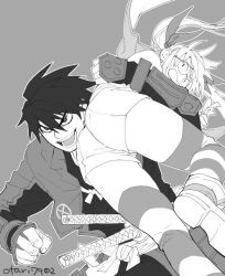 Rule 34 | 1boy, 1girl, ass, drifters, glasses, greyscale, hair ribbon, indesign, long hair, monochrome, olmine, open mouth, ponytail, ribbon, shimazu toyohisa, simple background, smile, striped clothes, striped thighhighs, sword, thighhighs, twintails, weapon