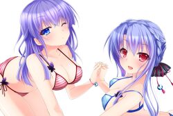 Rule 34 | 2girls, :d, arched back, bikini, black bow, blue bikini, blue eyes, blue hair, blunt ends, blush, bow, braid, breasts, butterfly ornament, chibinon, cleavage, collarbone, commentary request, covered erect nipples, crossed bangs, crown braid, eyelashes, eyes visible through hair, from side, hair between eyes, hair bow, hair ornament, highres, holding hands, interlocked fingers, large breasts, long hair, looking at viewer, multiple girls, one eye closed, open mouth, parted lips, purple hair, red bikini, red eyes, siblings, side-tie bikini bottom, sidelocks, simple background, sisters, smile, sorakado ai, sorakado ao, striped bikini, striped clothes, summer pockets, swimsuit, tassel, tassel hair ornament, twins, upper body, very long hair, white background