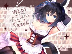 Rule 34 | 1girl, animal ears, artist name, belt, black hair, black thighhighs, blue eyes, blush, breasts, brown belt, choker, cleavage, closed mouth, collarbone, dated, detached sleeves, dirndl, eishin flash (umamusume), english text, engrish text, german clothes, hair between eyes, horse ears, horse girl, horse tail, large breasts, mitha, plaid, plaid skirt, ranguage, red choker, red skirt, short hair, signature, skirt, smile, solo, tail, thighhighs, umamusume